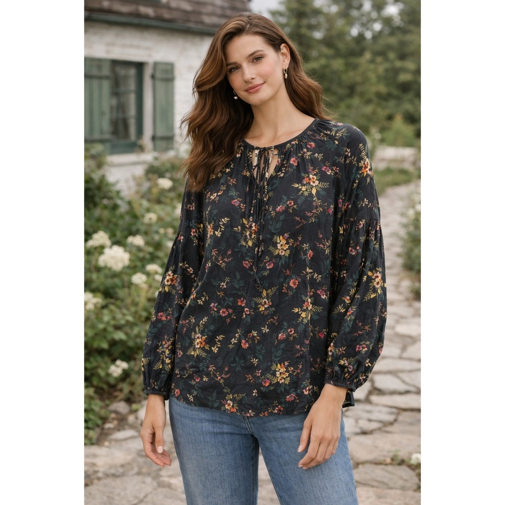 Velvet by Graham & Spencer Womens Black Floral Tie Neck Peasant‎ Blouse Large L